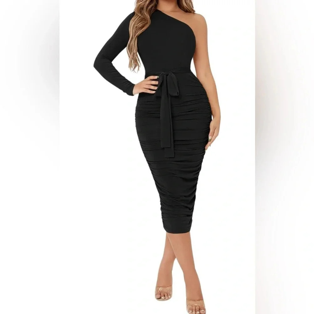 Verdusa One Shoulder Long Sleeve Ruched Belted Bodycon Pencil Dress Size M NWT